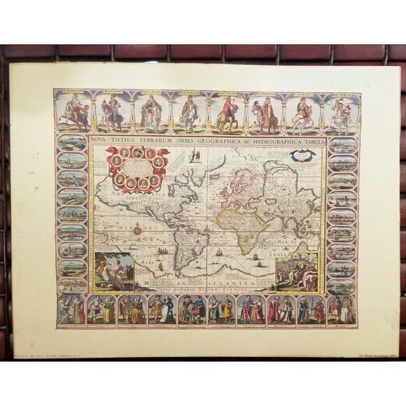 World Map by Jansson 1632 Mid Century Repro Donald Art Co 11"x14"Paper On Board - Picture 1 of 6